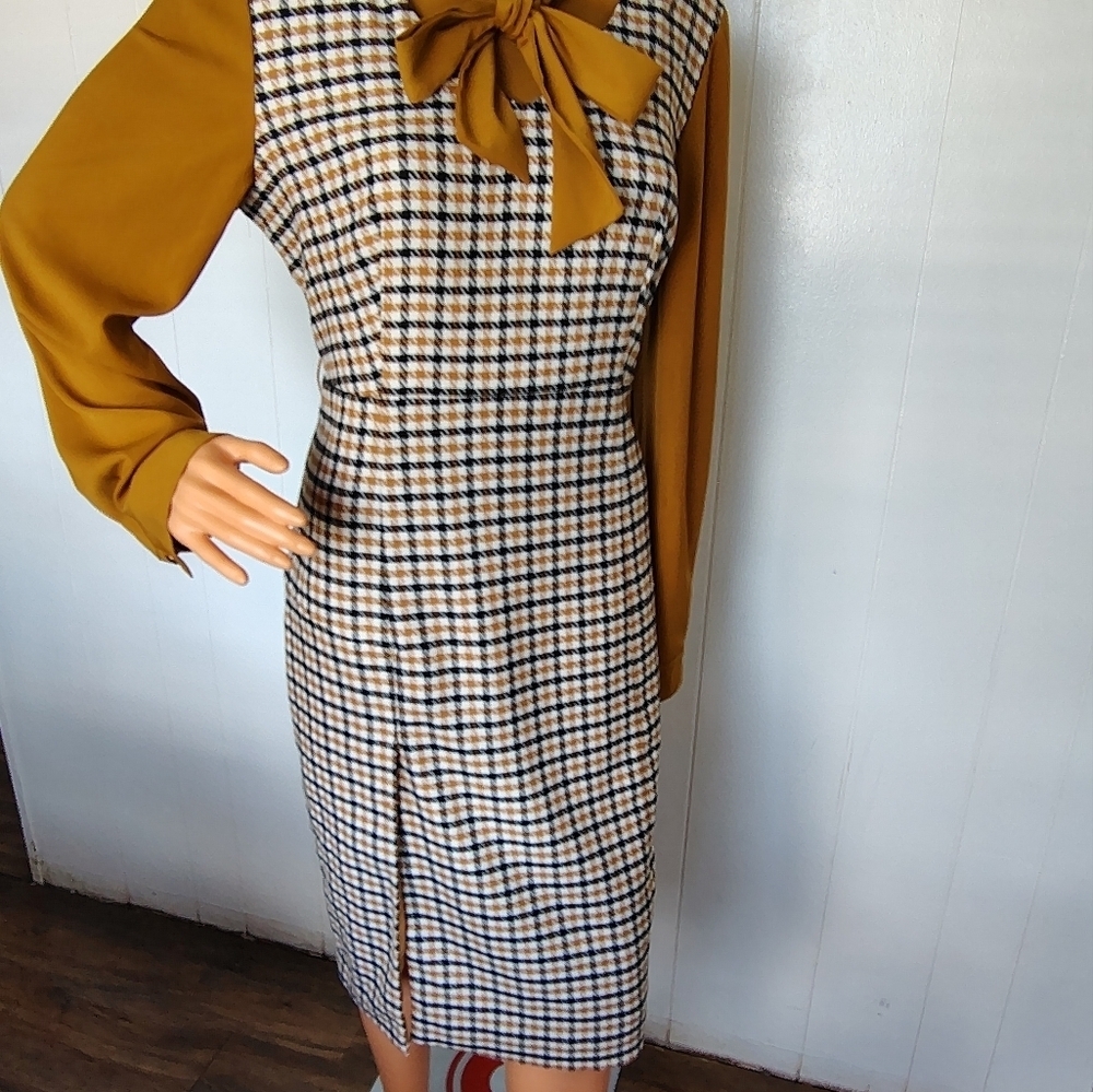 F. X. & MONGY Stylish Houndstooth Dress with Mustard Accents Size 3XL